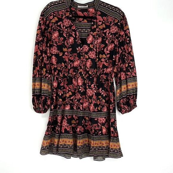 Alice + Olivia Multicolored Floral Mandarin Long Sleeve V-neck Mini Dress Size 6 - Picture 2 of 11